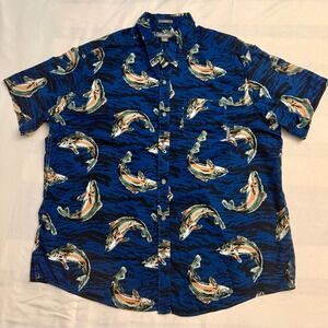 Eddie Bauer Men's 2XL Blue Fish Print Button Up Shirt Short Sleeve Cotton